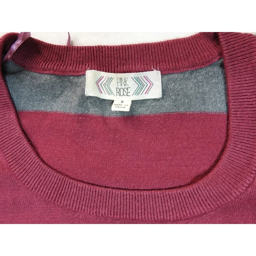 Pink Rose Burgundy Gray Striped Ruched Side Sweater Top Women's Small 3/4 Sleeve